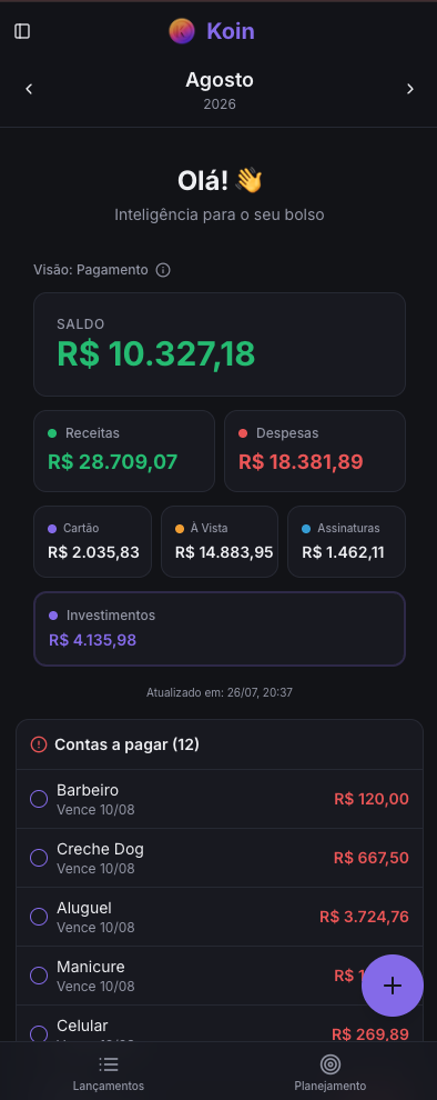 Dashboard do Koin com saldo, receitas, despesas e contas a pagar
