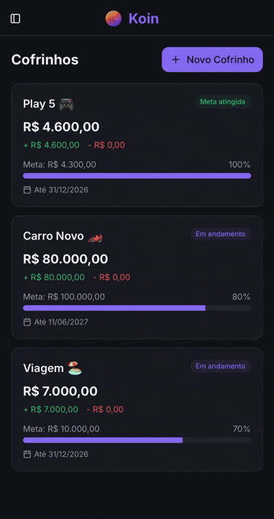 Cofrinhos do Koin com metas e progresso de economia
