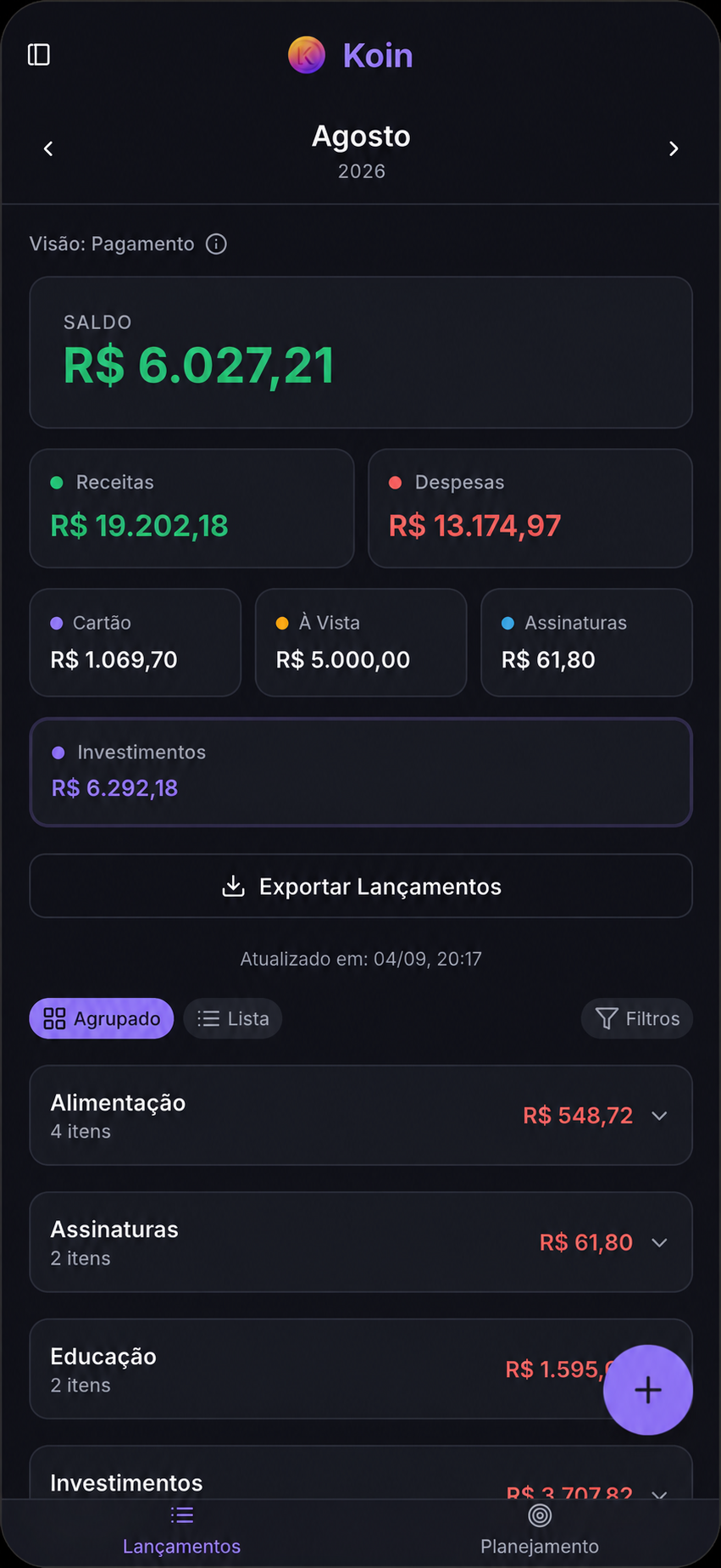 Dashboard do Koin com saldo, receitas, despesas e contas a pagar