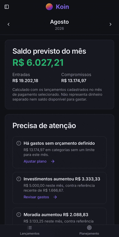 Gráficos de gastos por grupo e tendência mensal no Koin